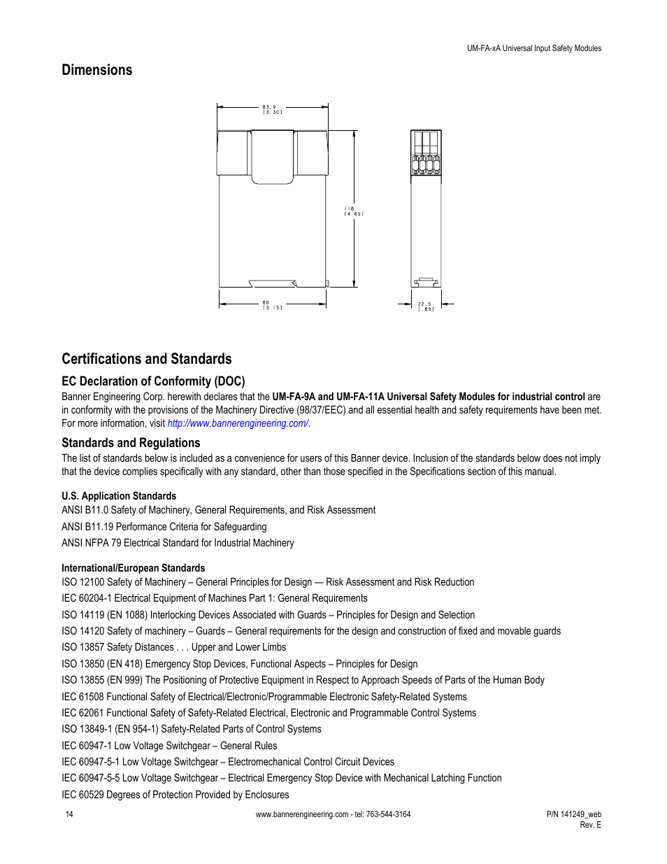 Dimensions, Certifications and standards, Ec declaration of conformity (doc) | Standards and regulations, U.s. application standards, International/european standards | Banner Universal Input Safety Modules User Manual | Page 14 / 15