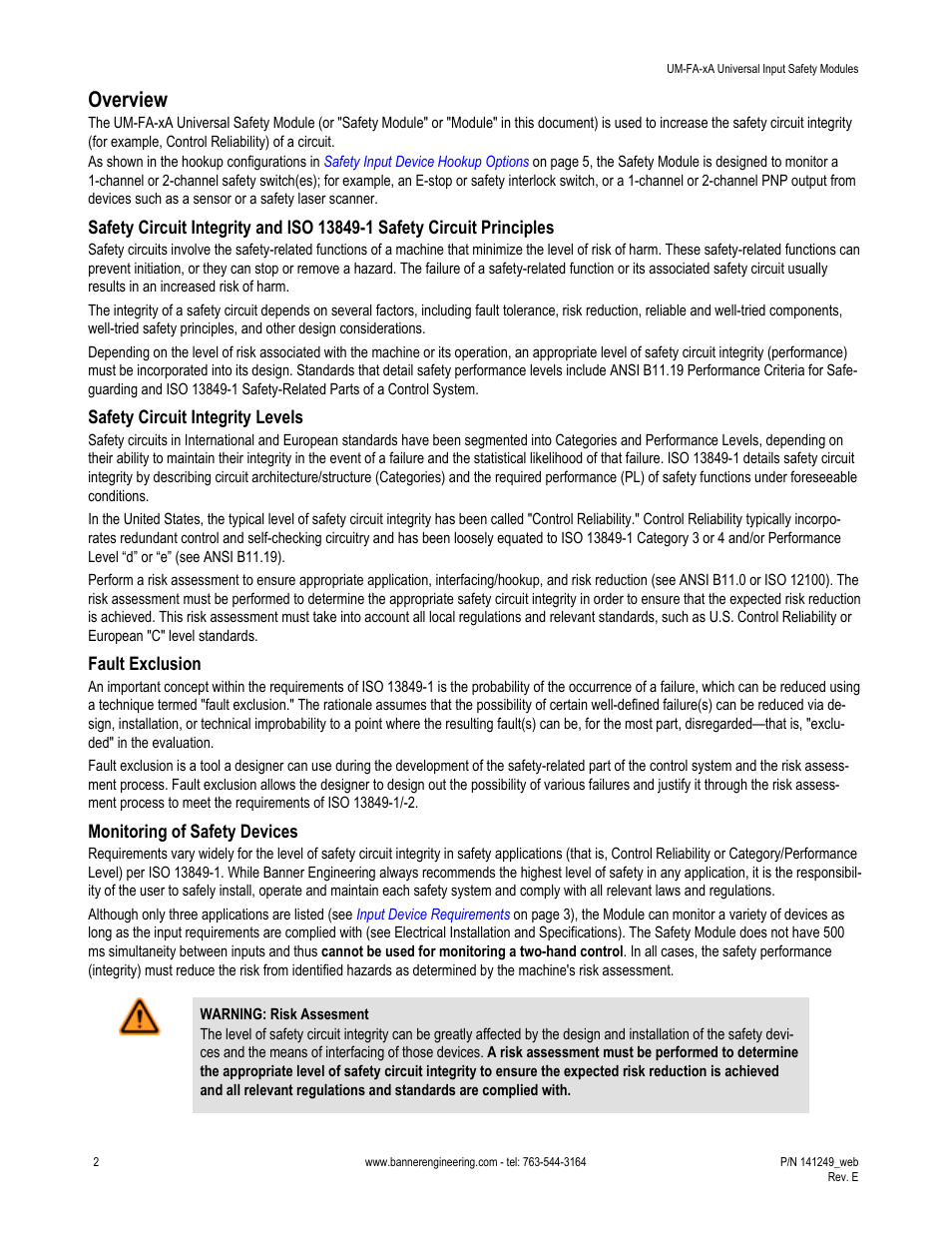 Overview, Safety circuit integrity levels, Fault exclusion | Monitoring of safety devices | Banner Universal Input Safety Modules User Manual | Page 2 / 15