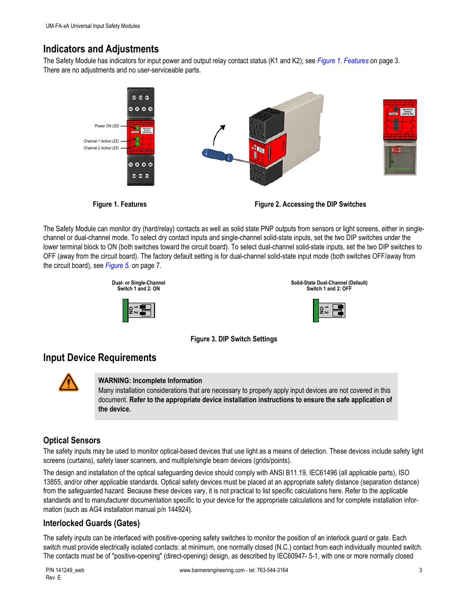 Indicators and adjustments, Input device requirements, Optical sensors | Interlocked guards (gates) | Banner Universal Input Safety Modules User Manual | Page 3 / 15