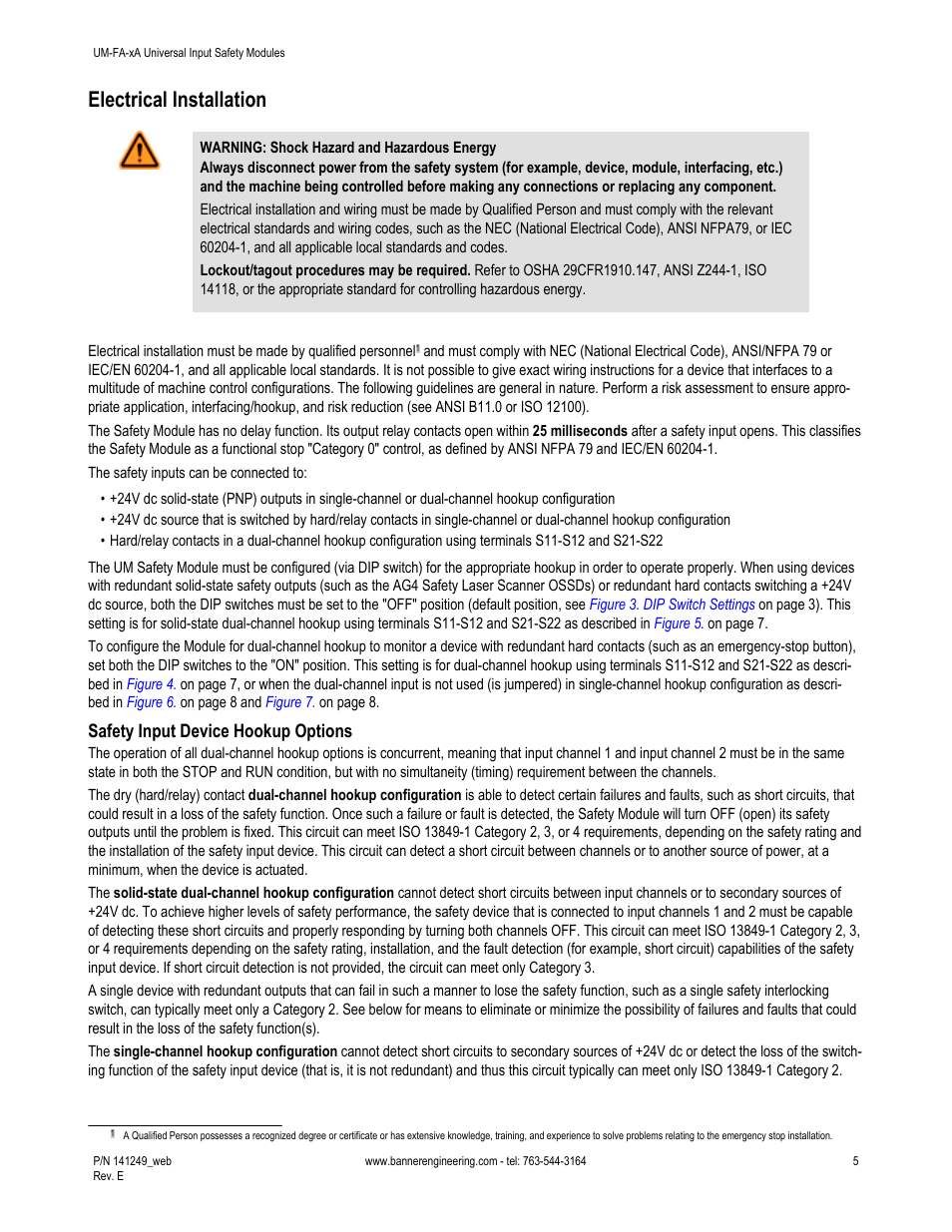 Electrical installation, Safety input device hookup options, As shown in the hookup configurations in | Banner Universal Input Safety Modules User Manual | Page 5 / 15