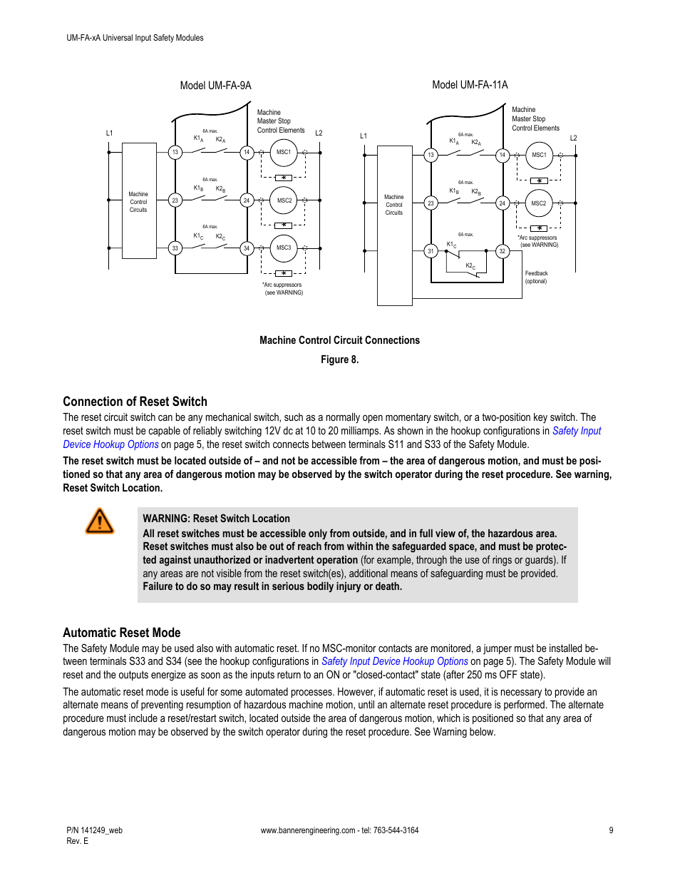 Connection of reset switch, Automatic reset mode, Model um-fa-9a | Model um-fa-11a, Machine control circuit connections figure 8 | Banner Universal Input Safety Modules User Manual | Page 9 / 15