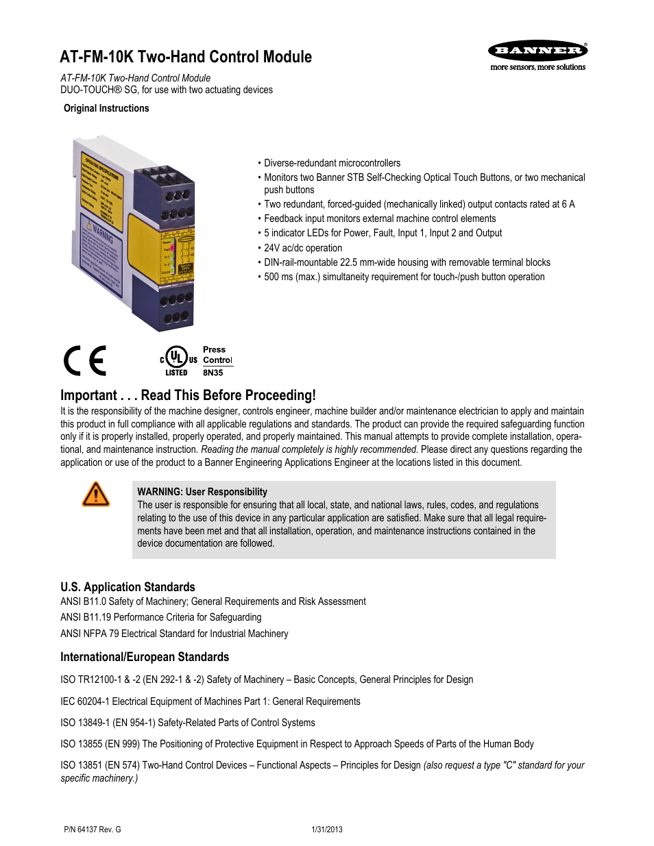 Banner DUO-TOUCH SG Two-Hand Control Safety Modules User Manual | 14 pages