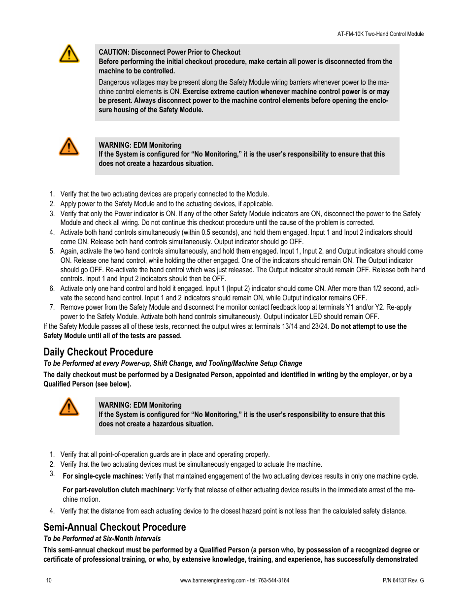 Daily checkout procedure, Semi-annual checkout procedure | Banner DUO-TOUCH SG Two-Hand Control Safety Modules User Manual | Page 10 / 14