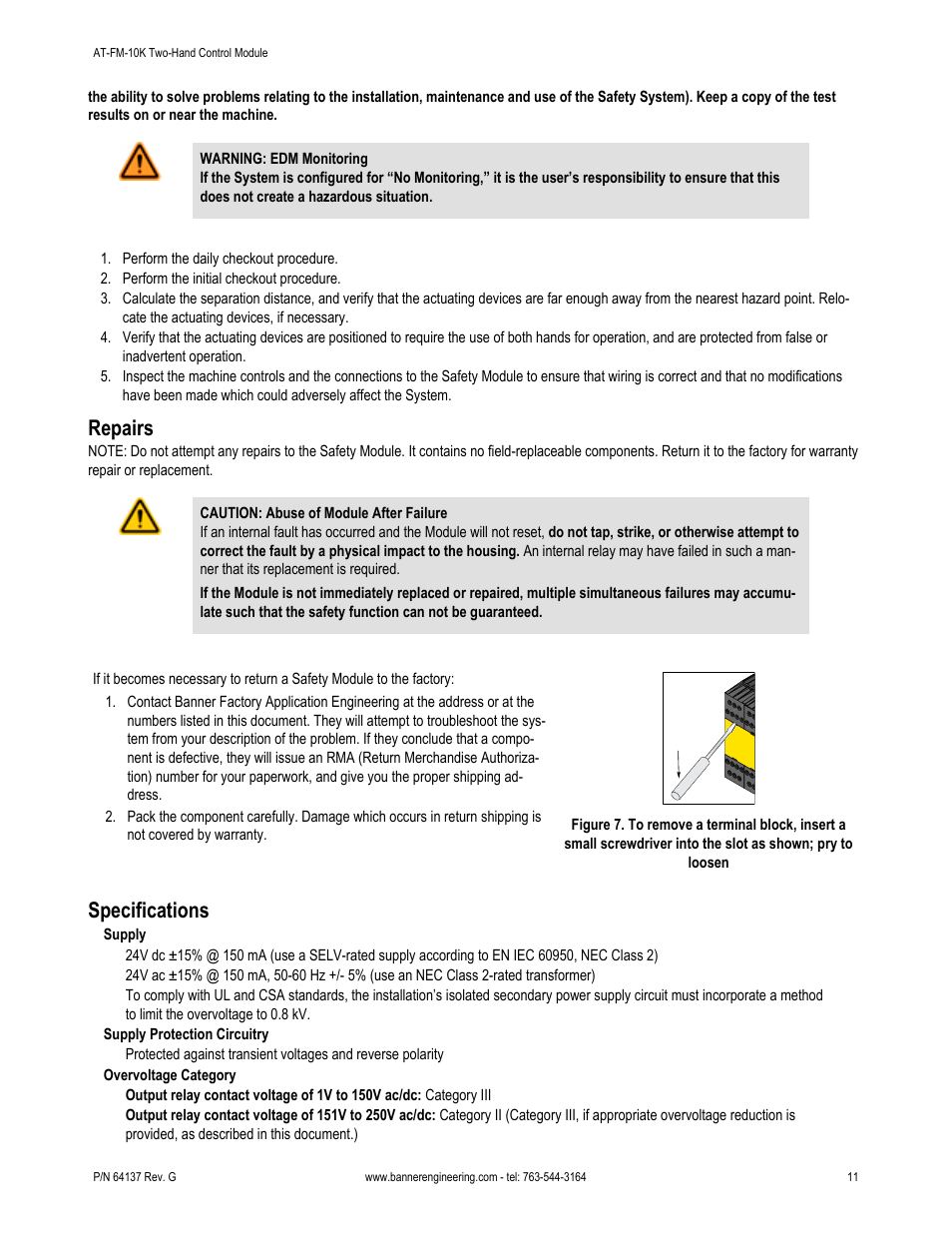 Repairs, Specifications | Banner DUO-TOUCH SG Two-Hand Control Safety Modules User Manual | Page 11 / 14