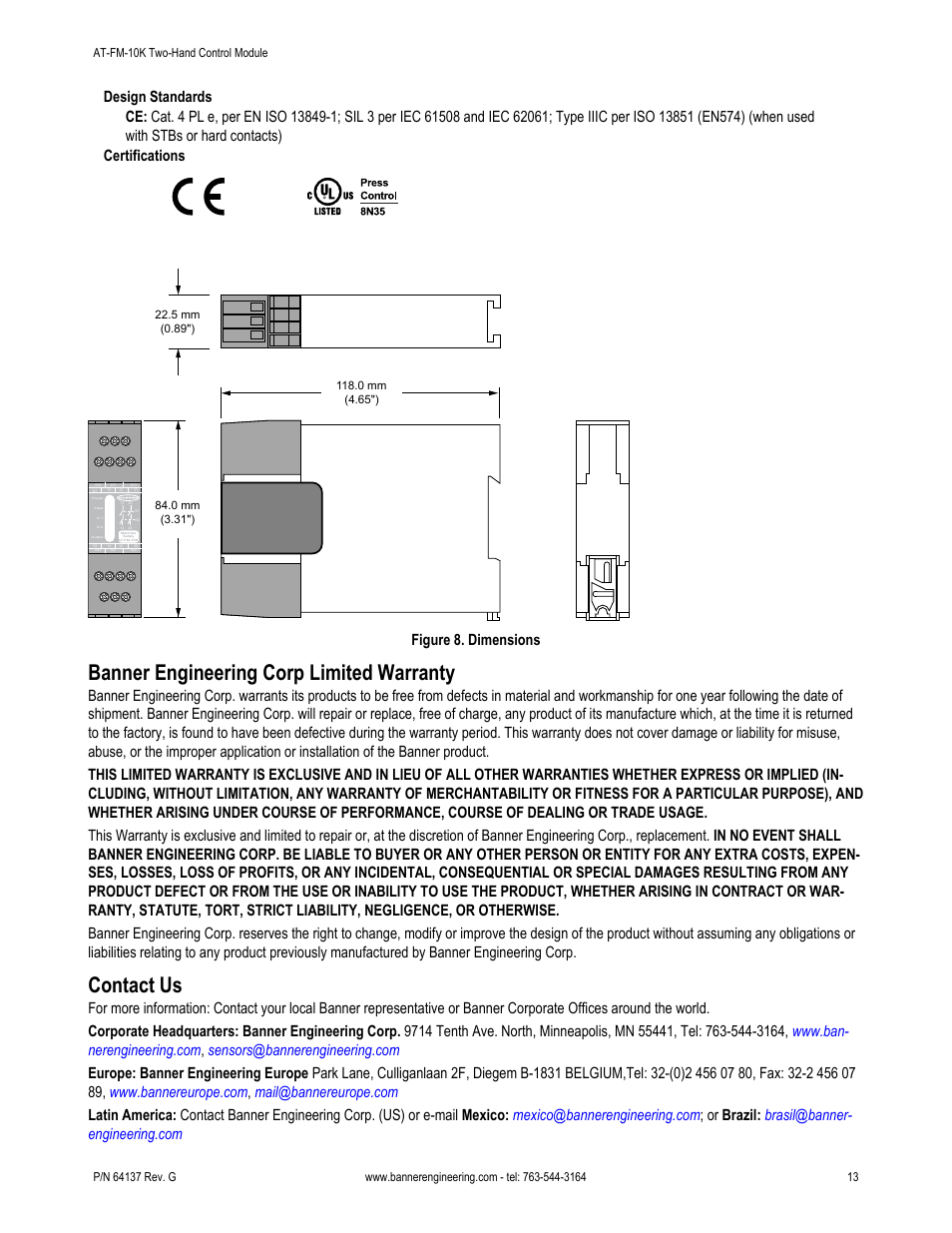 Banner engineering corp limited warranty, Contact us, Figure 8. dimensions | Banner DUO-TOUCH SG Two-Hand Control Safety Modules User Manual | Page 13 / 14