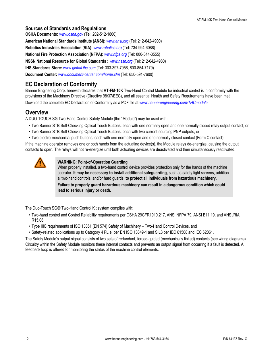 Ec declaration of conformity, Overview | Banner DUO-TOUCH SG Two-Hand Control Safety Modules User Manual | Page 2 / 14