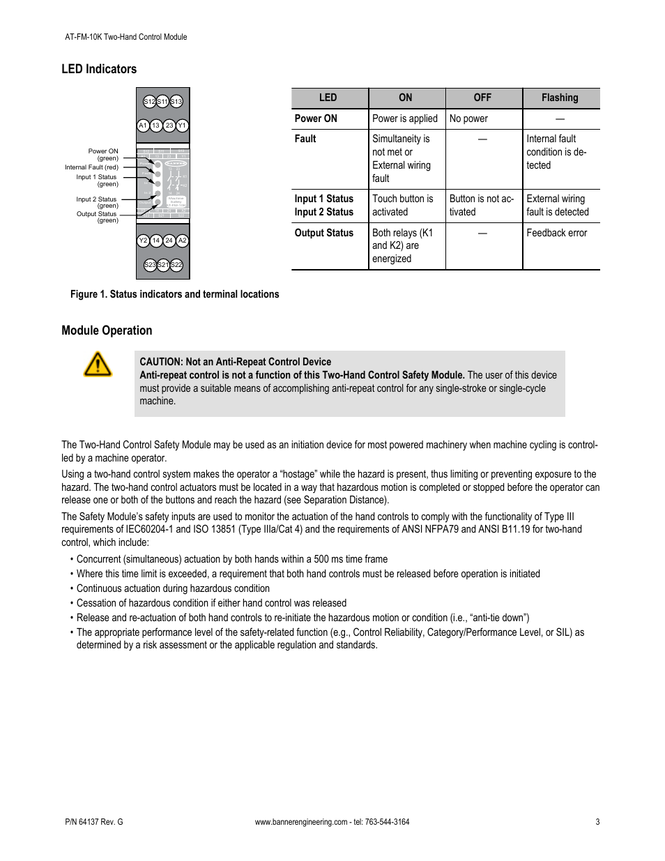 Led indicators, Module operation | Banner DUO-TOUCH SG Two-Hand Control Safety Modules User Manual | Page 3 / 14