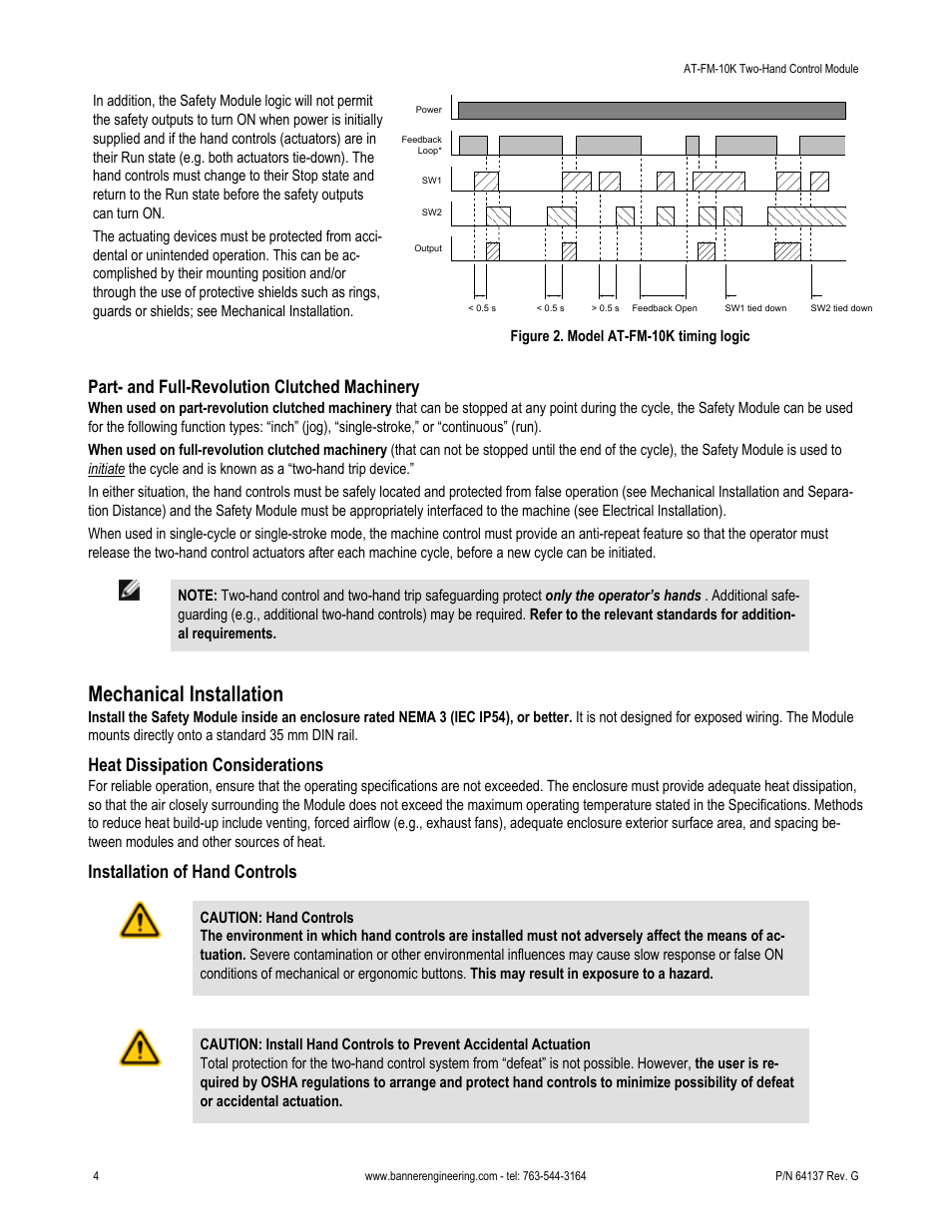 Mechanical installation, Part- and full-revolution clutched machinery, Heat dissipation considerations | Installation of hand controls | Banner DUO-TOUCH SG Two-Hand Control Safety Modules User Manual | Page 4 / 14