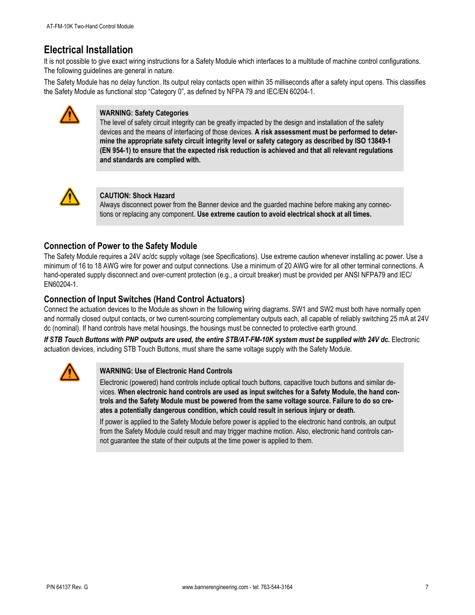 Electrical installation | Banner DUO-TOUCH SG Two-Hand Control Safety Modules User Manual | Page 7 / 14