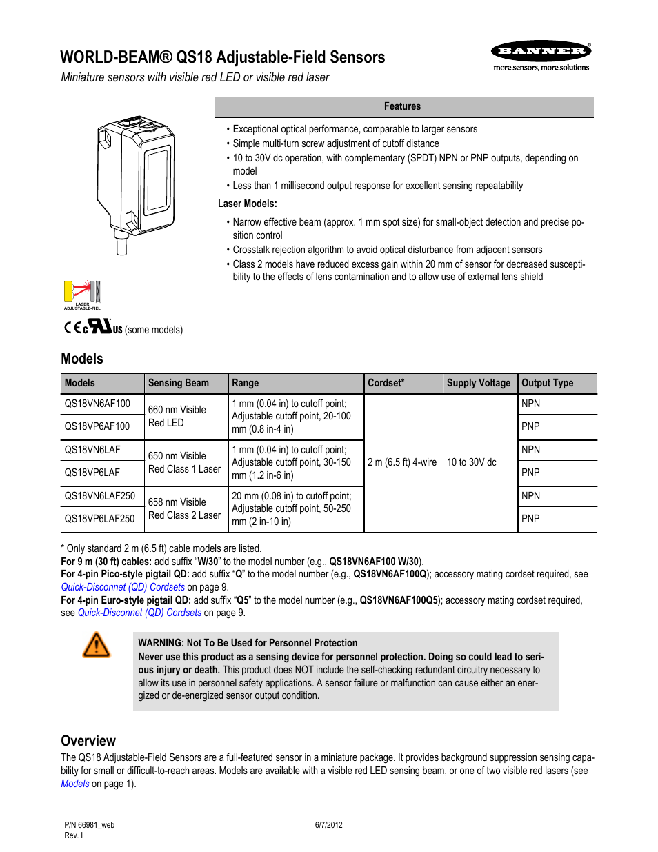 Banner WORLD-BEAM QS18 Laser Series User Manual | 10 pages