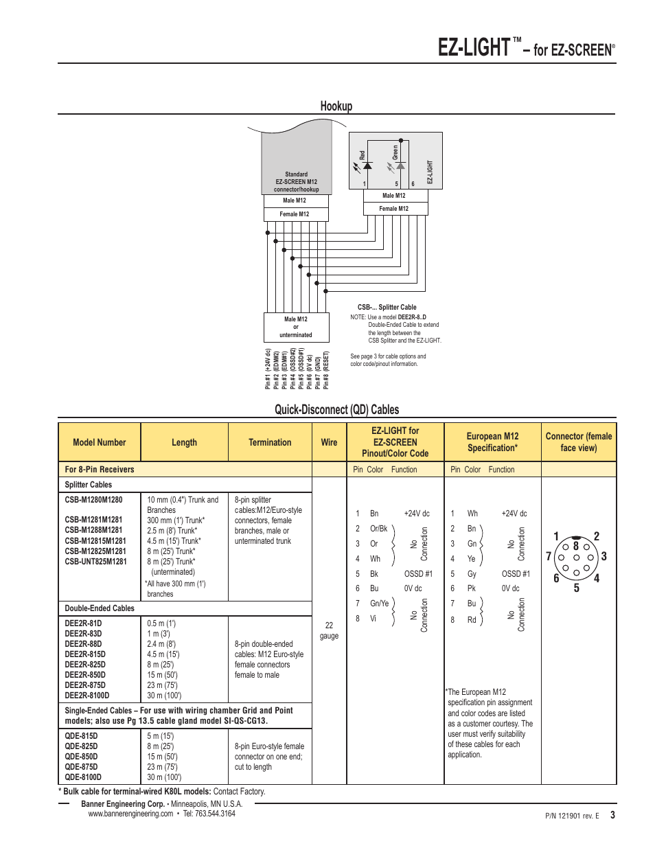 Ez-light, For ez-screen, Hookup quick-disconnect (qd) cables | Banner EZ-SCREEN­ Safety Light Curtain Systems User Manual | Page 3 / 4