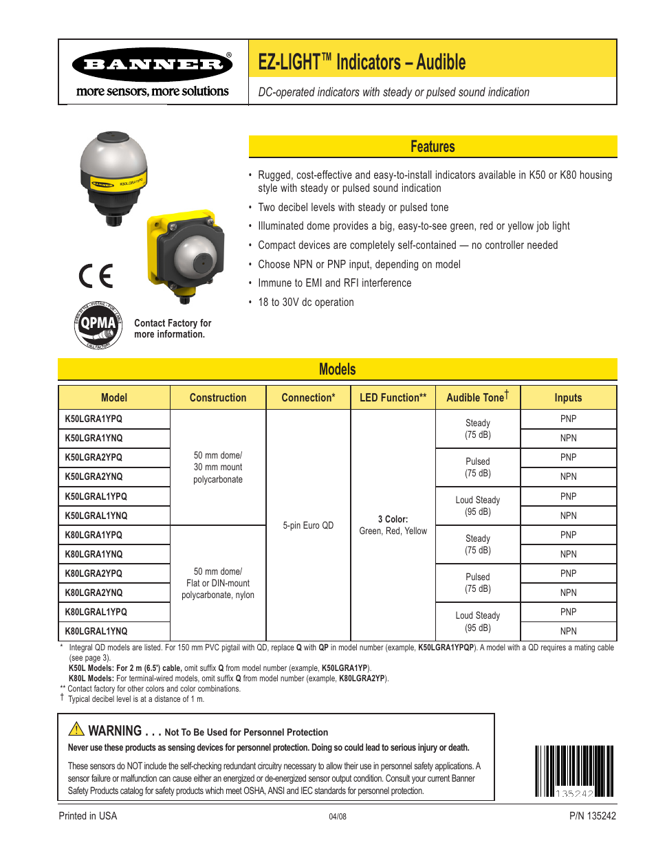 Banner K80L Audible EZ-LIGHT User Manual | 4 pages