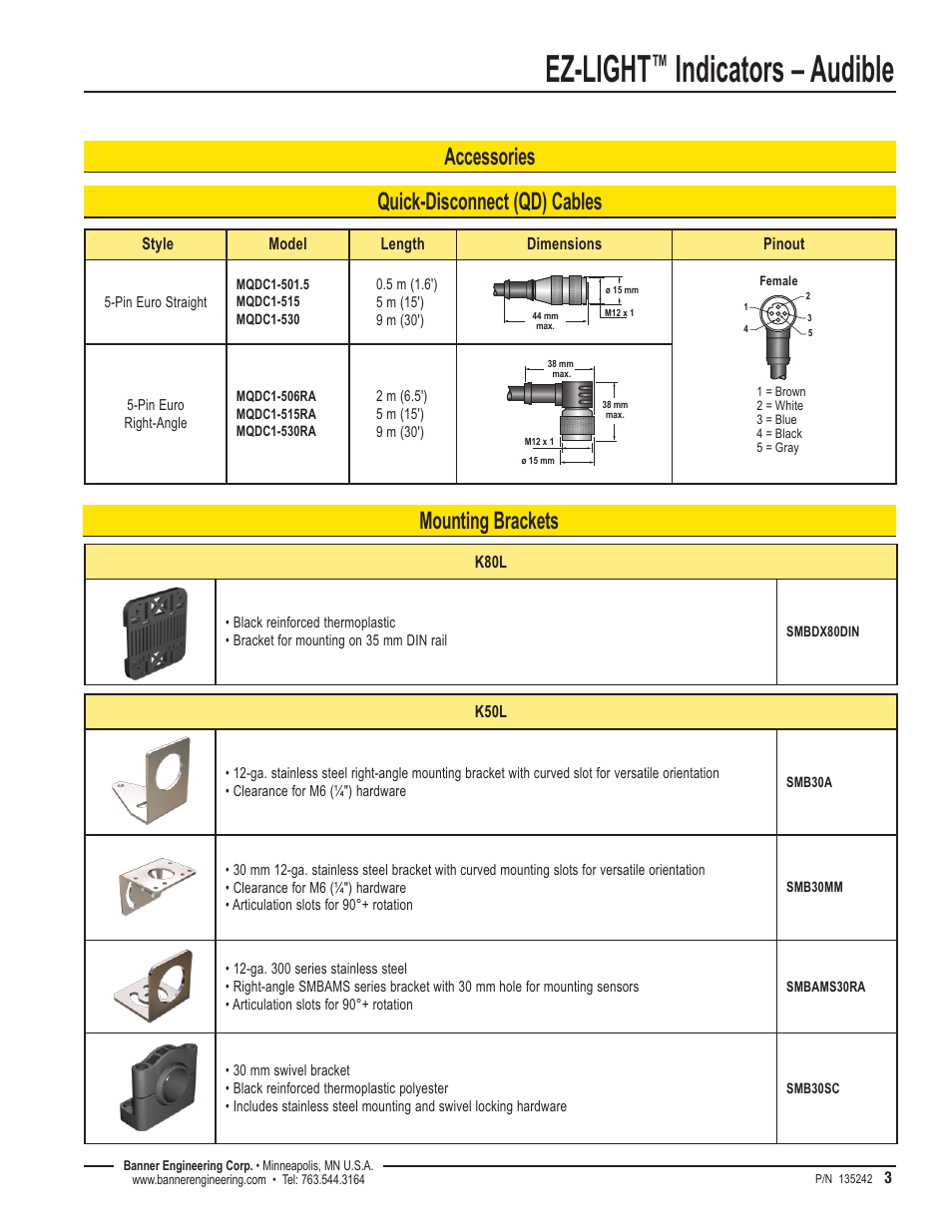 Ez-light, Indicators – audible, Mounting brackets | Accessories quick-disconnect (qd) cables | Banner K80L Audible EZ-LIGHT User Manual | Page 3 / 4
