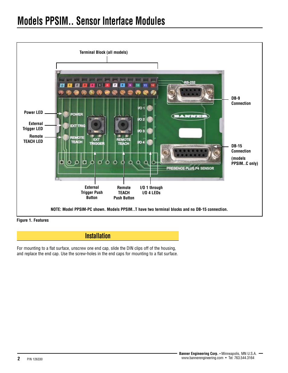 Models ppsim.. sensor interface modules, Installation | Banner PPSIM Sensor Interface Modules User Manual | Page 2 / 4