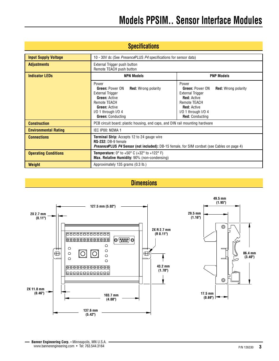 Models ppsim.. sensor interface modules, Specifications dimensions | Banner PPSIM Sensor Interface Modules User Manual | Page 3 / 4