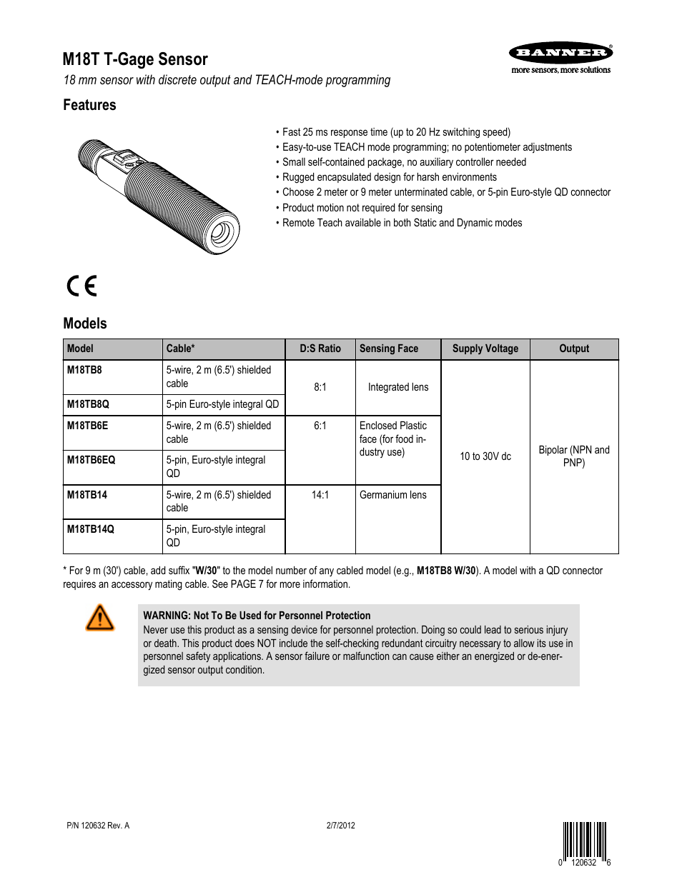 Banner T-GAGE M18T Series Temperature Sensors User Manual | 9 pages