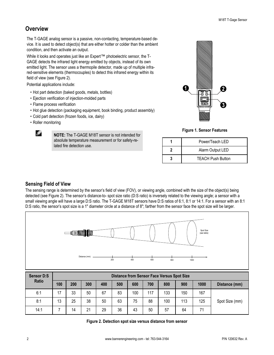 Overview, Sensing field of view | Banner T-GAGE M18T Series Temperature Sensors User Manual | Page 2 / 9