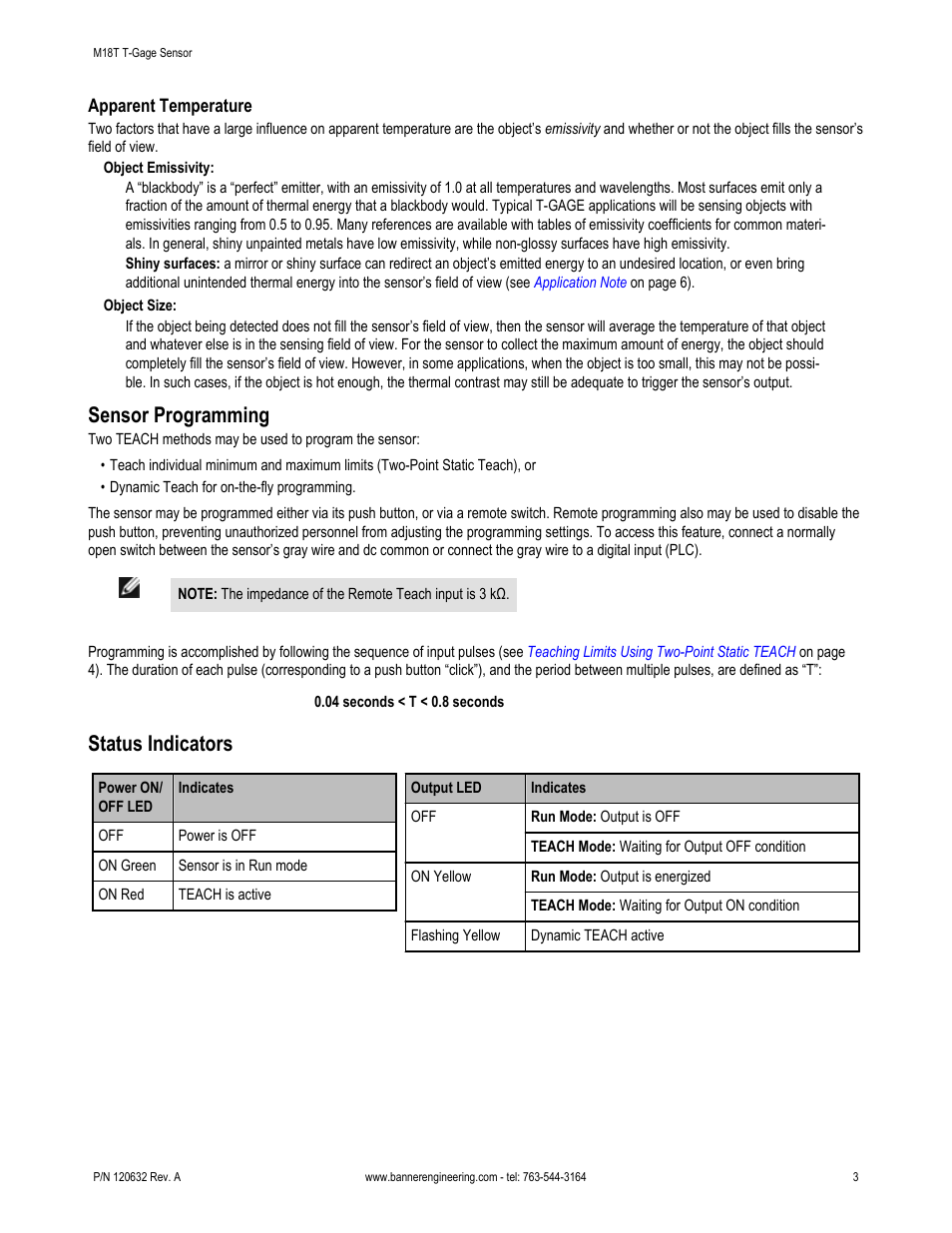 Sensor programming, Status indicators | Banner T-GAGE M18T Series Temperature Sensors User Manual | Page 3 / 9