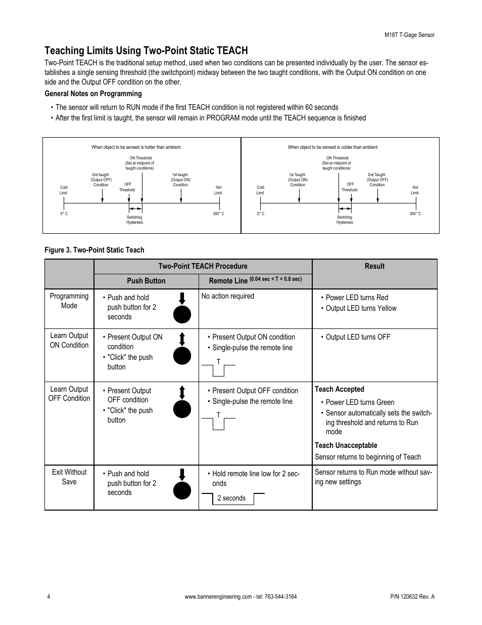 Teaching limits using two-point static teach | Banner T-GAGE M18T Series Temperature Sensors User Manual | Page 4 / 9