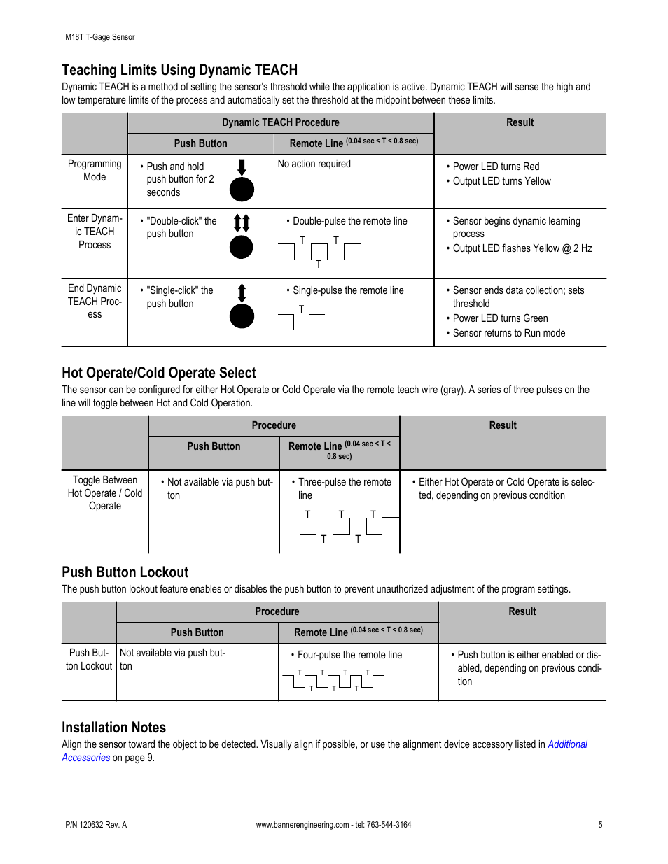 Teaching limits using dynamic teach, Hot operate/cold operate select, Push button lockout | Banner T-GAGE M18T Series Temperature Sensors User Manual | Page 5 / 9