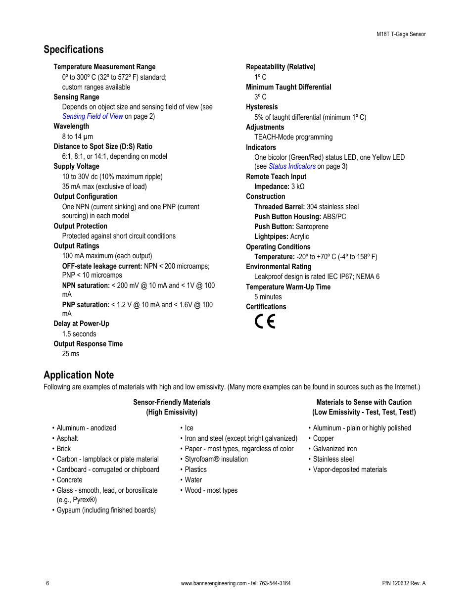 Application note, Specifications | Banner T-GAGE M18T Series Temperature Sensors User Manual | Page 6 / 9