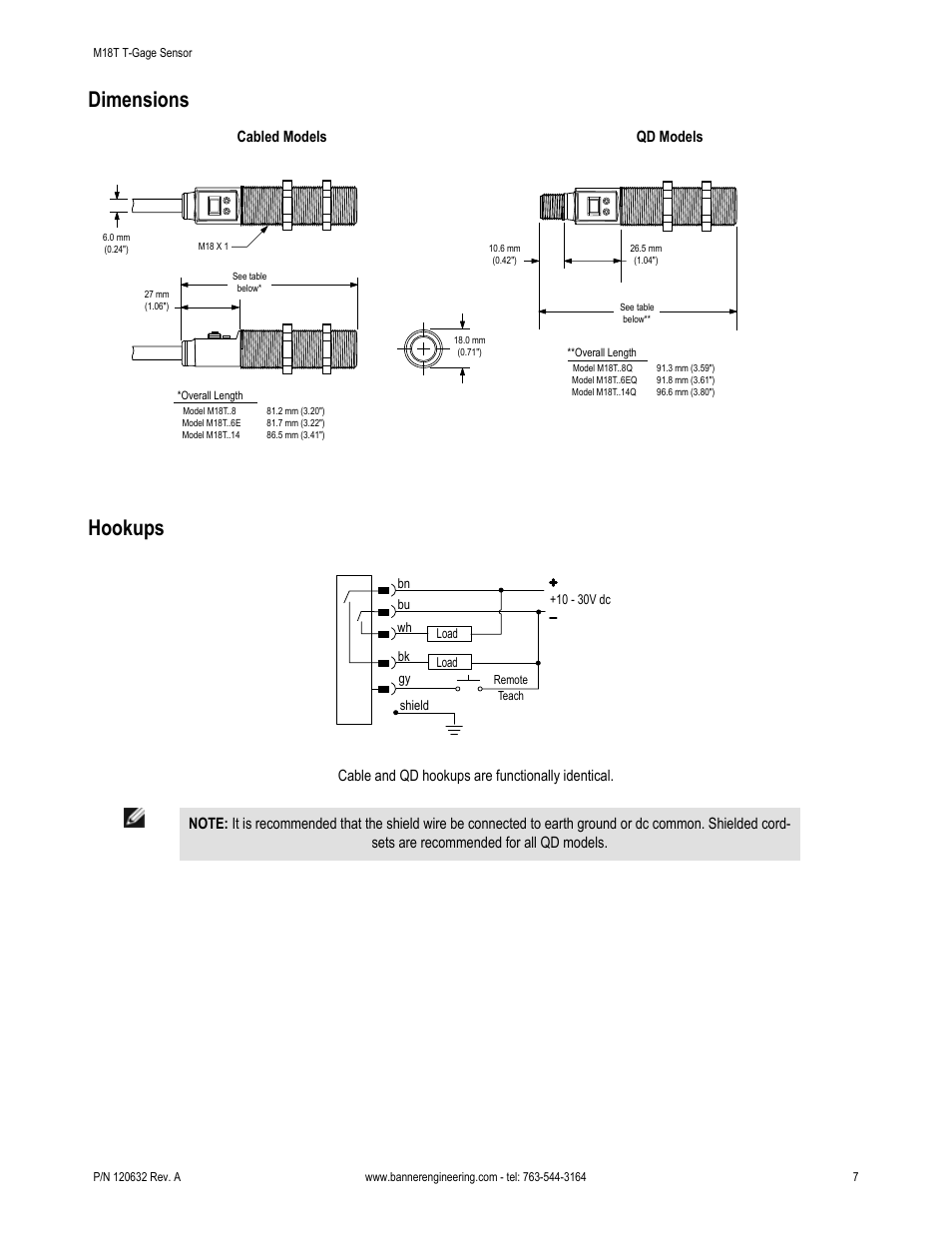 Dimensions, Hookups, Cabled models qd models | Banner T-GAGE M18T Series Temperature Sensors User Manual | Page 7 / 9