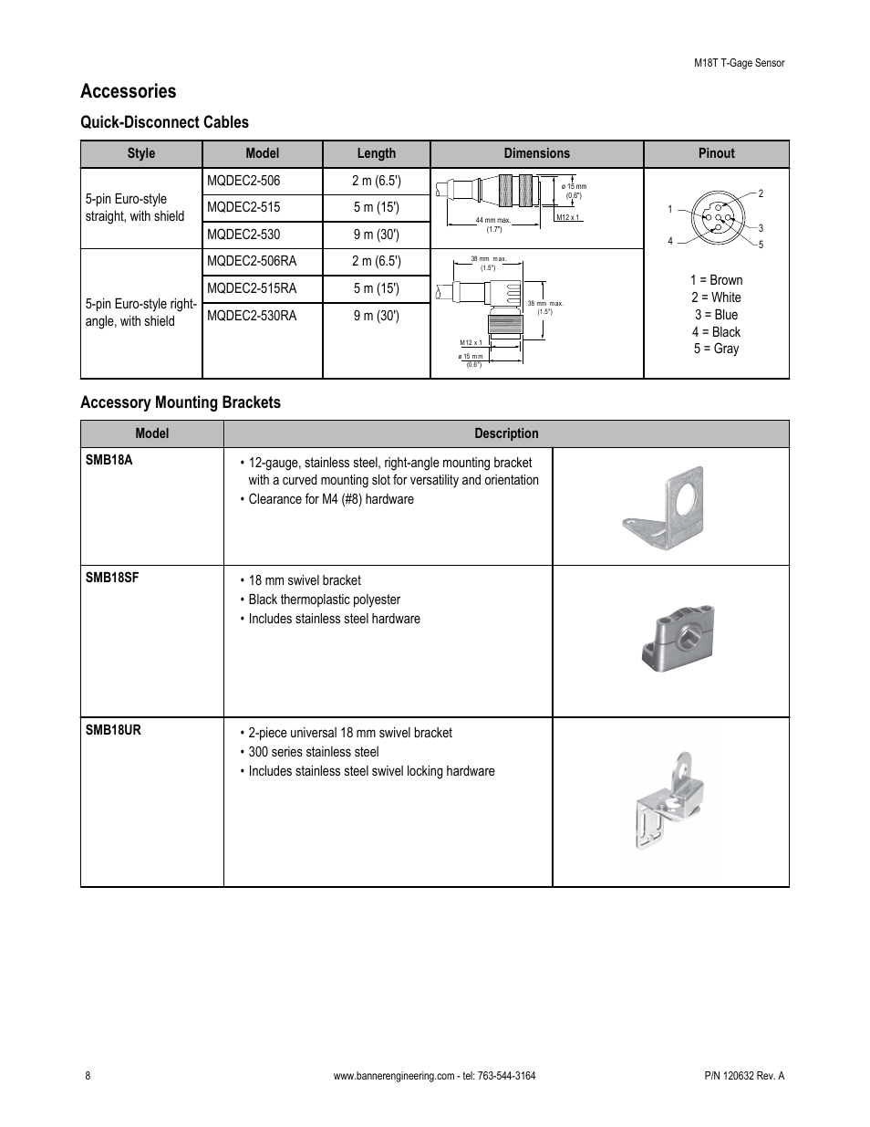 Accessories, Quick-disconnect cables, Accessory mounting brackets | Banner T-GAGE M18T Series Temperature Sensors User Manual | Page 8 / 9