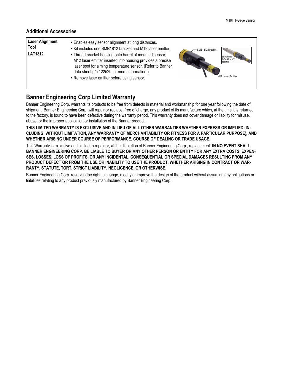 Banner engineering corp limited warranty, Additional accessories | Banner T-GAGE M18T Series Temperature Sensors User Manual | Page 9 / 9