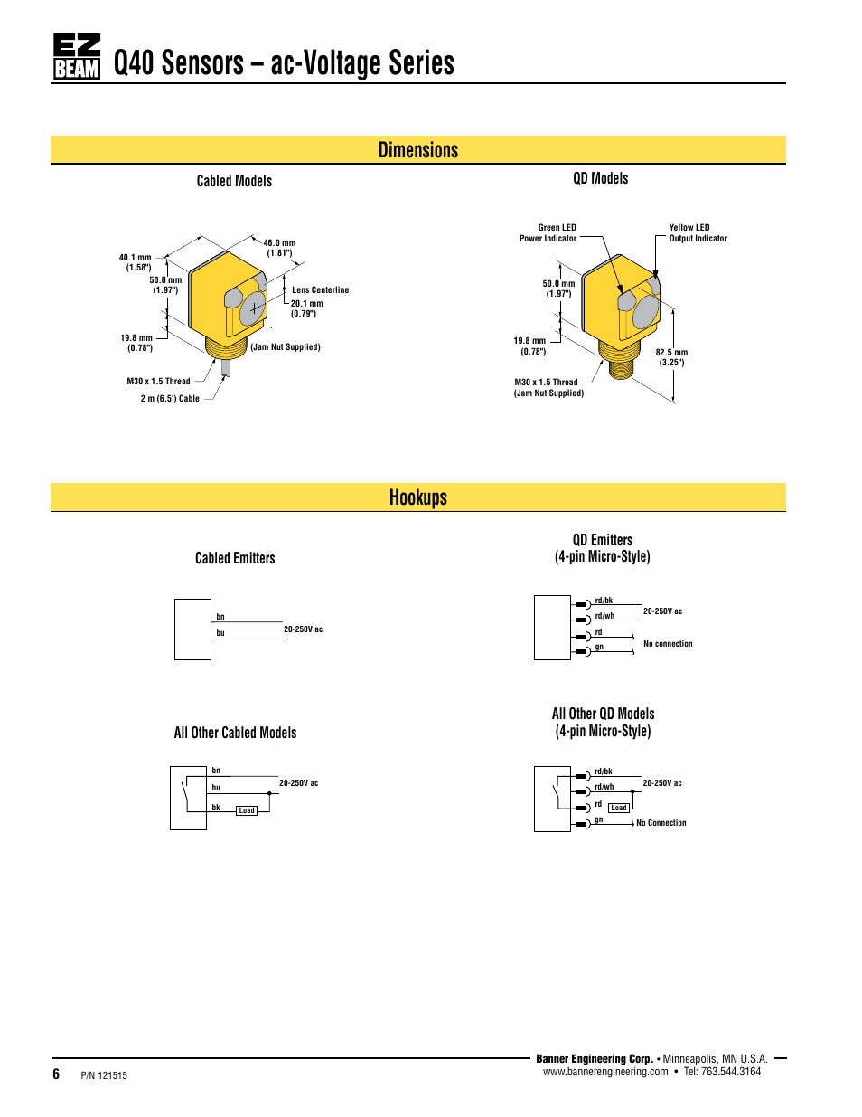 Q40 sensors – ac-voltage series, Dimensions, Hookups | Cabled models qd models, Cabled emitters | Banner Q40 Series User Manual | Page 6 / 7