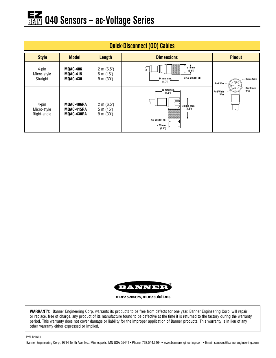 Q40 sensors – ac-voltage series, Quick-disconnect (qd) cables | Banner Q40 Series User Manual | Page 7 / 7