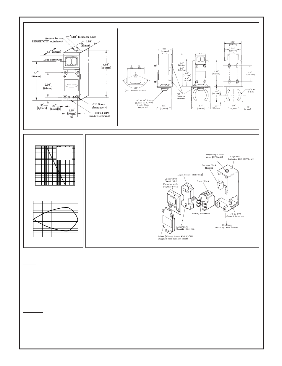 Dimensions with smbls 3-axis mounting bracket, Spare parts identification, Wiring | Alignment | Banner MULTI-BEAM Series User Manual | Page 2 / 2