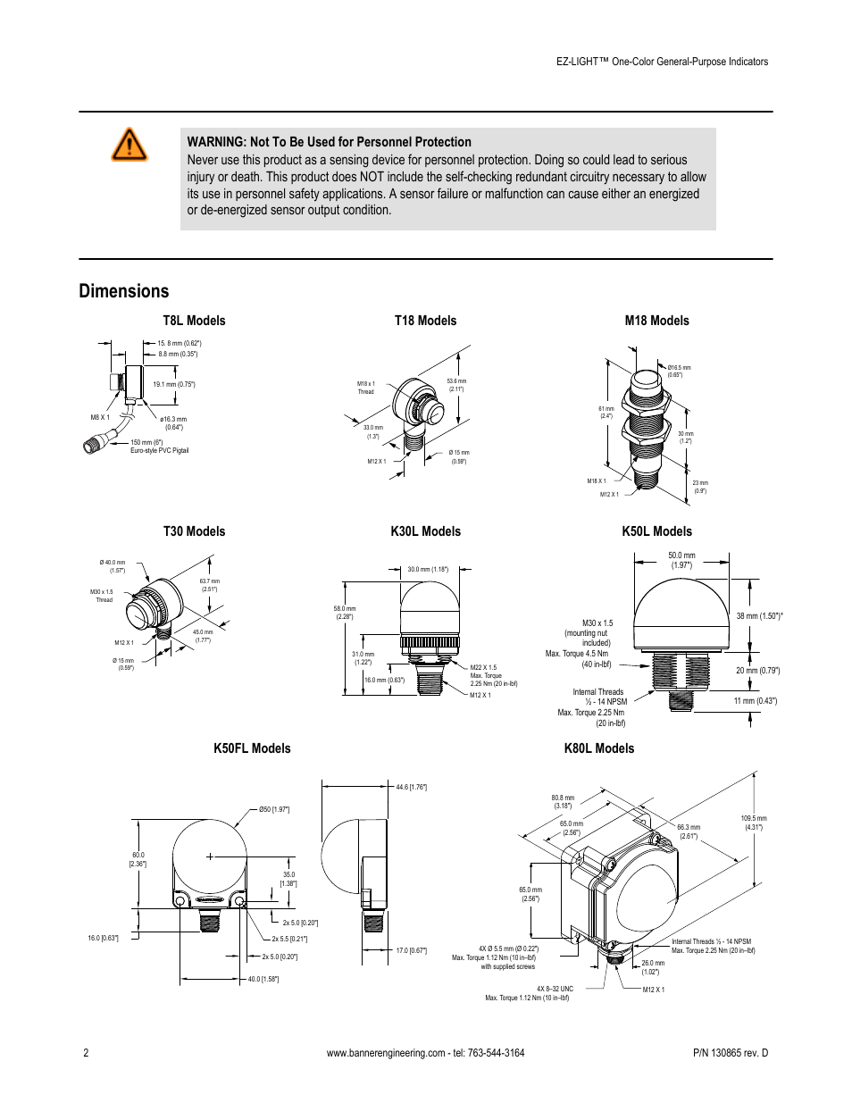 Dimensions, K50fl models k80l models | Banner K50FL General Purpose EZ-LIGHT User Manual | Page 2 / 4