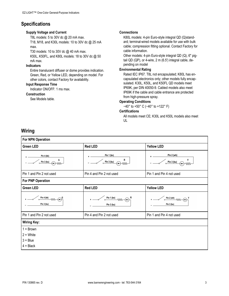 Specifications, Wiring | Banner K50FL General Purpose EZ-LIGHT User Manual | Page 3 / 4