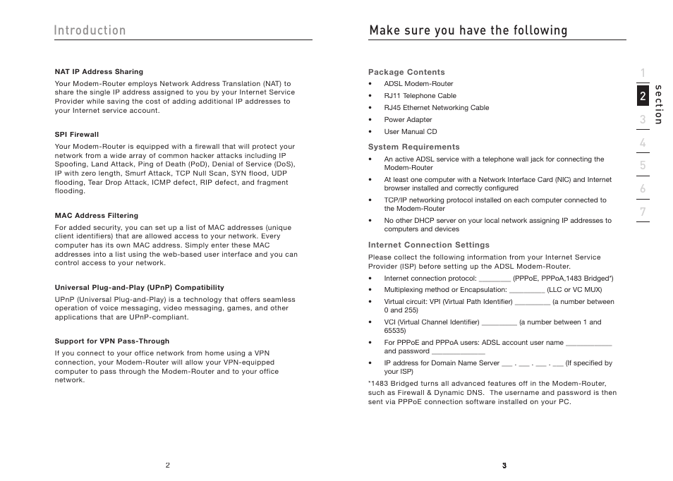 Introduction make sure you have the following, Sectio n | Belkin F5D5630AU User Manual | Page 3 / 28