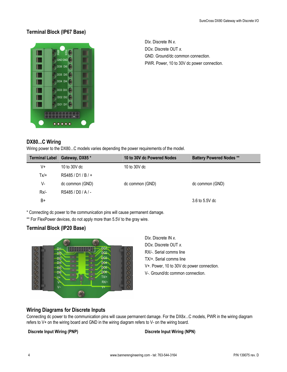 Terminal block (ip67 base), Dx80...c wiring, Terminal block (ip20 base) | Wiring diagrams for discrete inputs | Banner SureCross DX80 Wireless Networks User Manual | Page 4 / 11