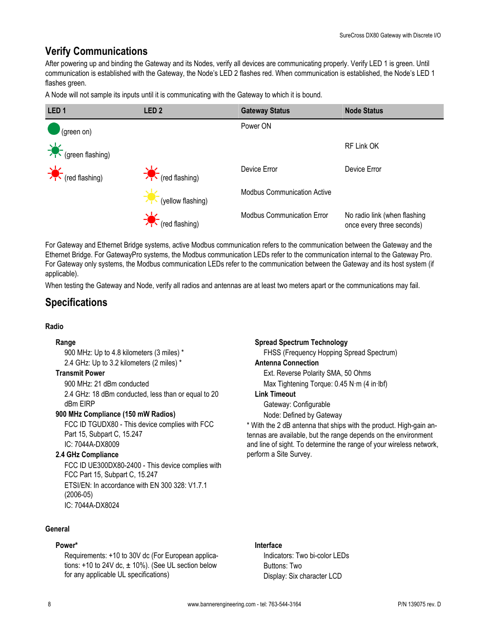 Verify communications, Specifications | Banner SureCross DX80 Wireless Networks User Manual | Page 8 / 11