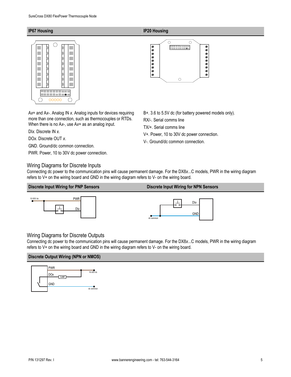 Wiring diagrams for discrete inputs, Wiring diagrams for discrete outputs, Ip67 housing ip20 housing | Banner SureCross DX80 Wireless Networks User Manual | Page 5 / 9