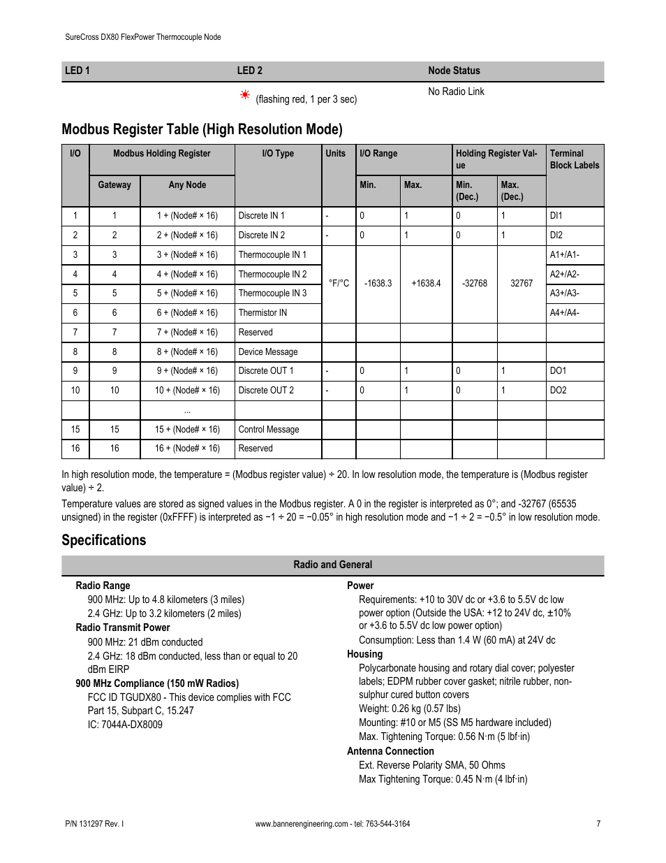 Modbus register table (high resolution mode), Specifications | Banner SureCross DX80 Wireless Networks User Manual | Page 7 / 9