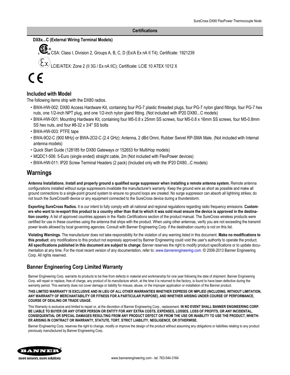 Warnings, Included with model, Banner engineering corp limited warranty | Banner SureCross DX80 Wireless Networks User Manual | Page 9 / 9