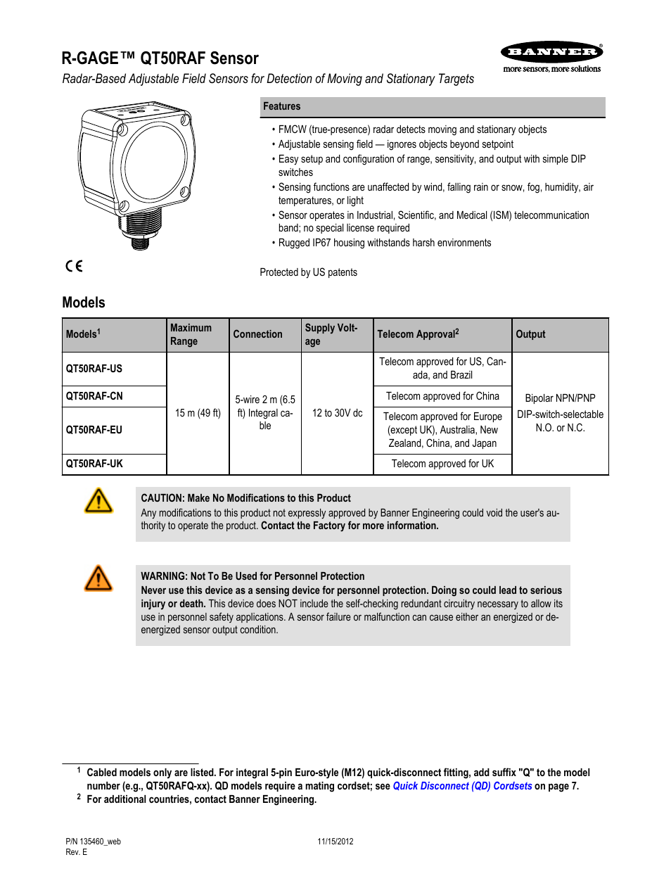 Banner R-GAGE QT50R-RH Retroreflective High Sensitivity User Manual | 8 pages