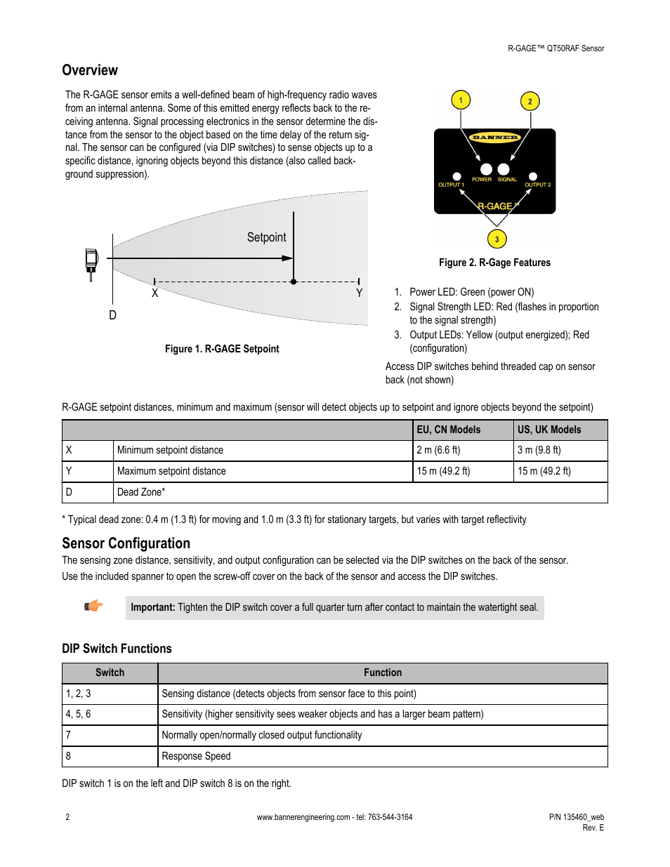 Overview, Sensor configuration, Dip switch functions | Banner R-GAGE QT50R-RH Retroreflective High Sensitivity User Manual | Page 2 / 8