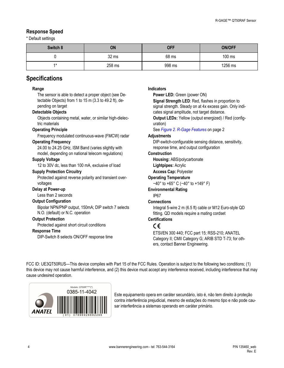 Response speed, Specifications | Banner R-GAGE QT50R-RH Retroreflective High Sensitivity User Manual | Page 4 / 8