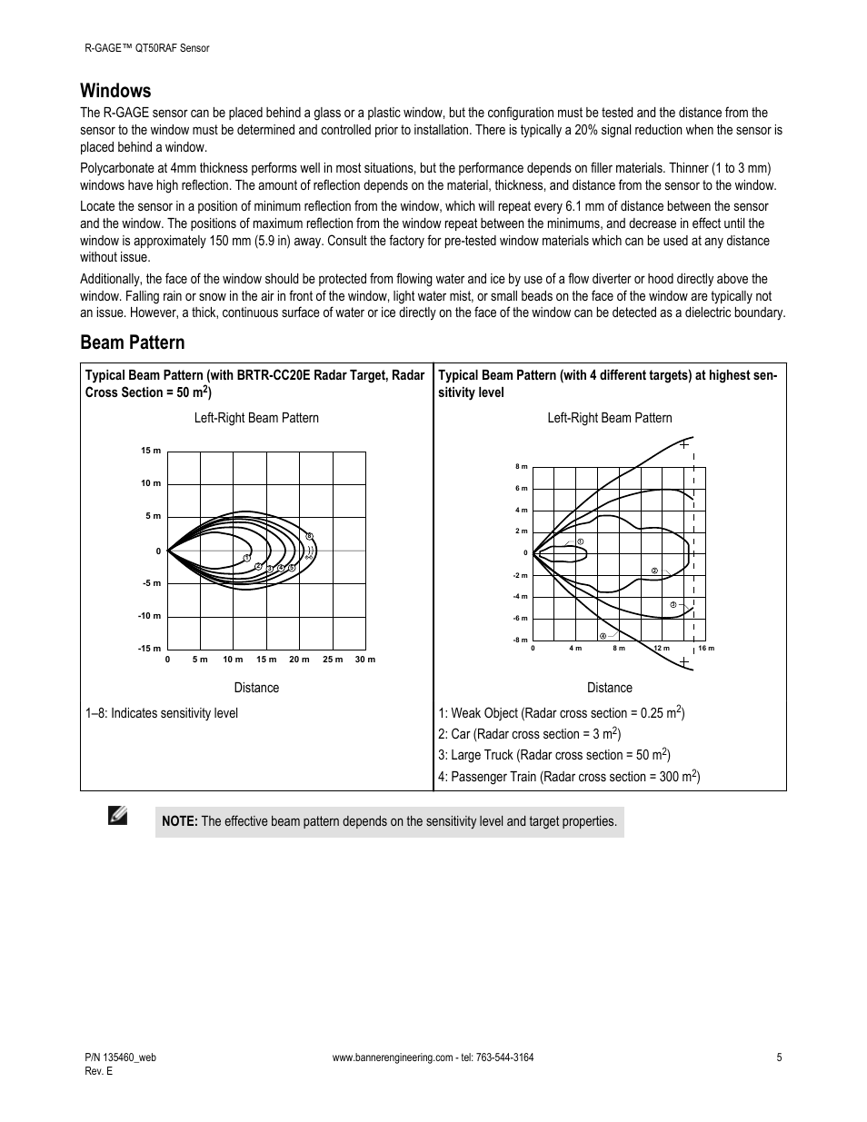 Windows, Beam pattern, Distance left-right beam pattern | Banner R-GAGE QT50R-RH Retroreflective High Sensitivity User Manual | Page 5 / 8