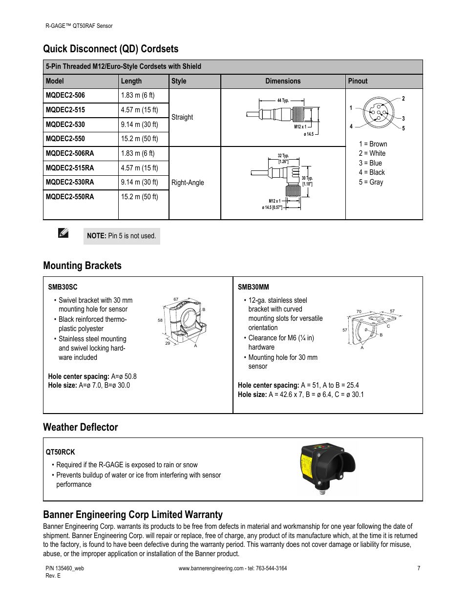 Quick disconnect (qd) cordsets, Mounting brackets, Weather deflector | Banner engineering corp limited warranty | Banner R-GAGE QT50R-RH Retroreflective High Sensitivity User Manual | Page 7 / 8