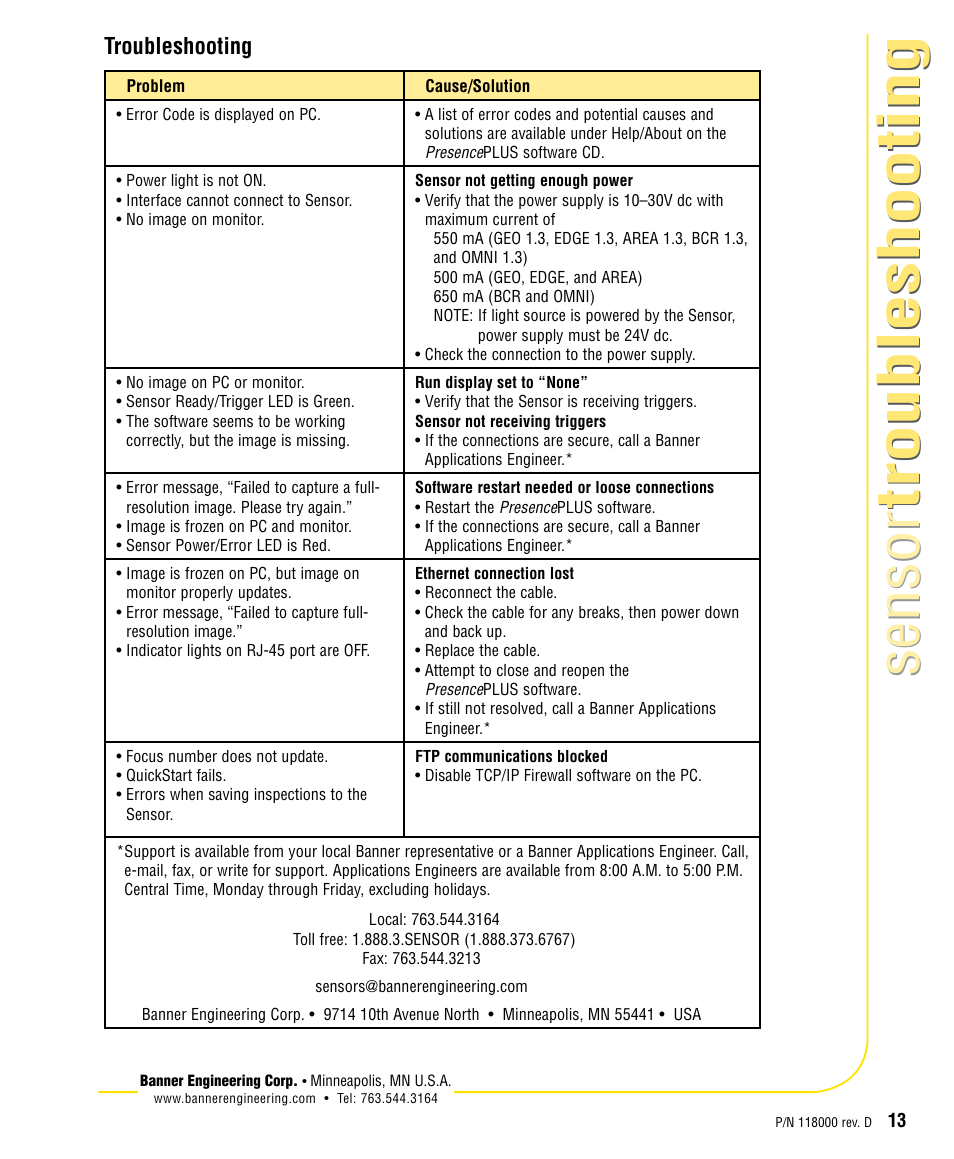 Senso r troubleshooting senso r troubleshooting | Banner PresencePLUS BCR 1.3 Series User Manual | Page 13 / 16