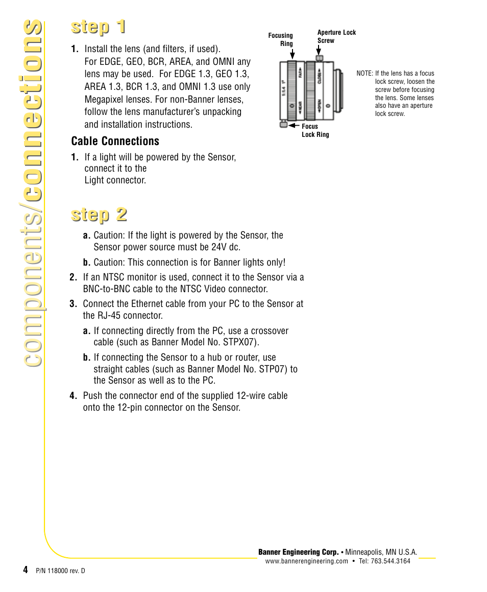 Components/ connections components/ connections, Step 1, Step | Banner PresencePLUS BCR 1.3 Series User Manual | Page 4 / 16