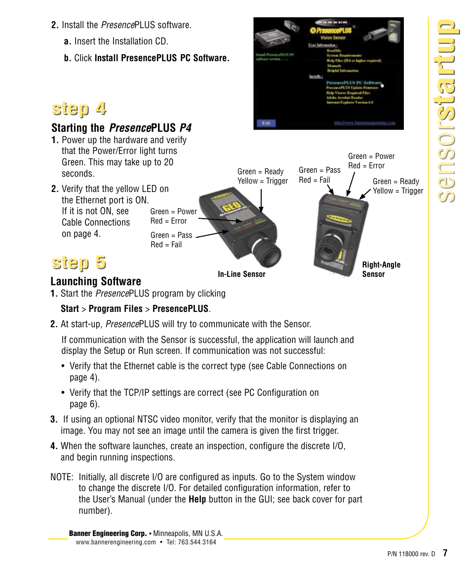 Sensor startup sensor startup, Step | Banner PresencePLUS BCR 1.3 Series User Manual | Page 7 / 16