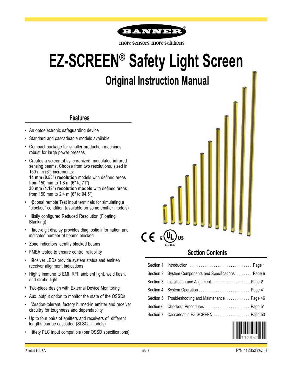 Banner EZ-SCREEN­ Safety Light Curtain Systems User Manual | 74 pages