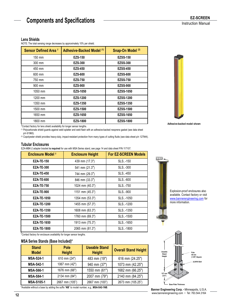 Overview, Components and specifications, Lens shields | Tubular enclosures, Msa series stands (base included) | Banner EZ-SCREEN­ Safety Light Curtain Systems User Manual | Page 14 / 74