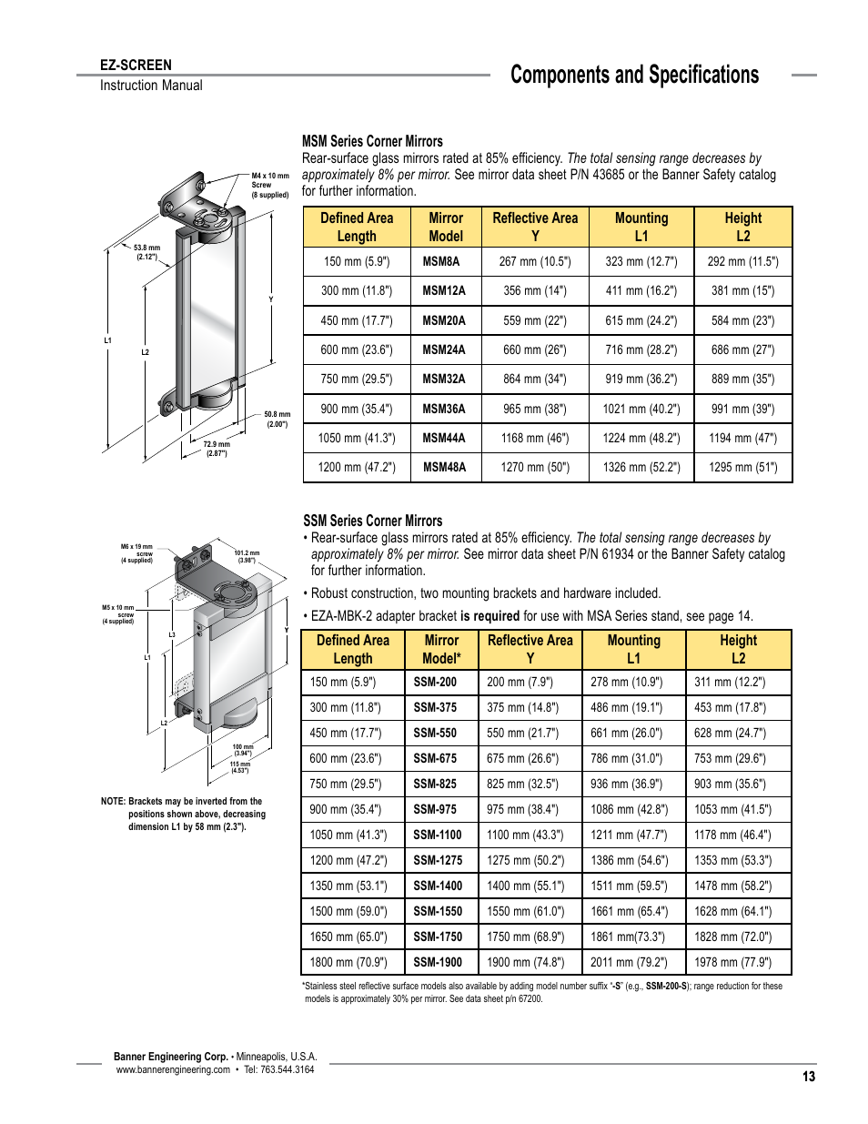 Overview, Components and specifications, Msm series corner mirrors | Ssm series corner mirrors | Banner EZ-SCREEN­ Safety Light Curtain Systems User Manual | Page 15 / 74